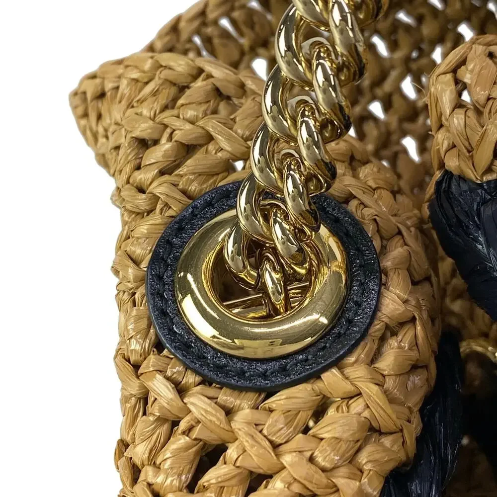 Gucci GG Marmont Tote Bag 574432 Light Brown Black Raffia Leather